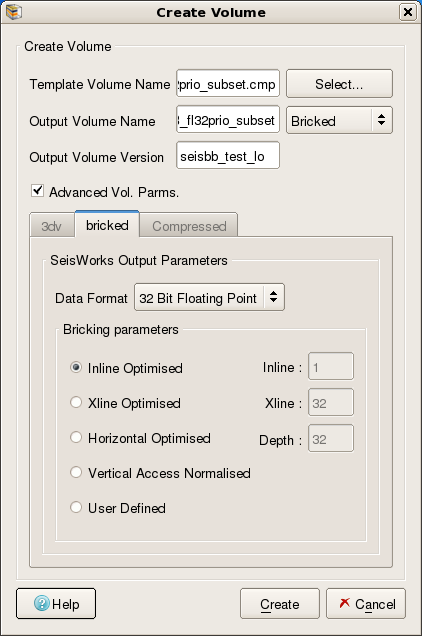 Create New Seismic Volume - Advanced Volume Parameters (Bricked Tab)