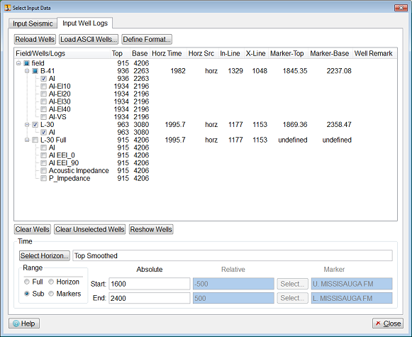 Select Input Data Dialog - Input Well Log Tab