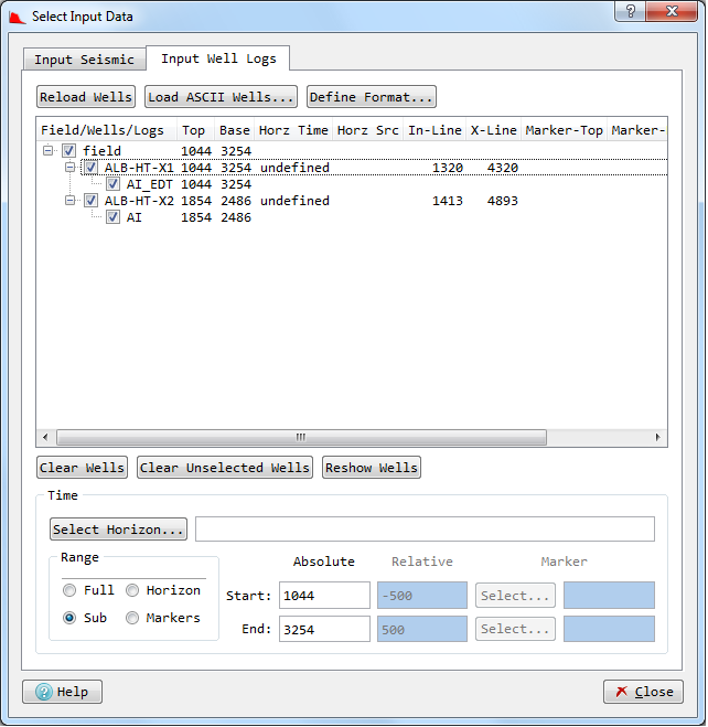 Select Input Data dialog (Input Well Log tab)