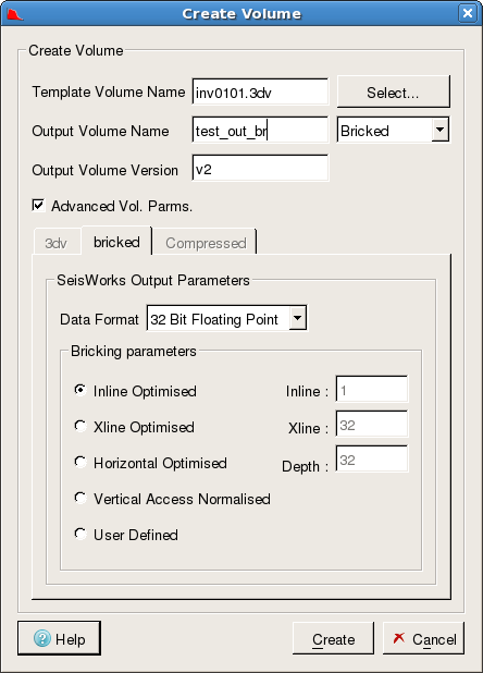 Create New Seismic Volume - Advanced Volume Parameters (Bricked Tab)