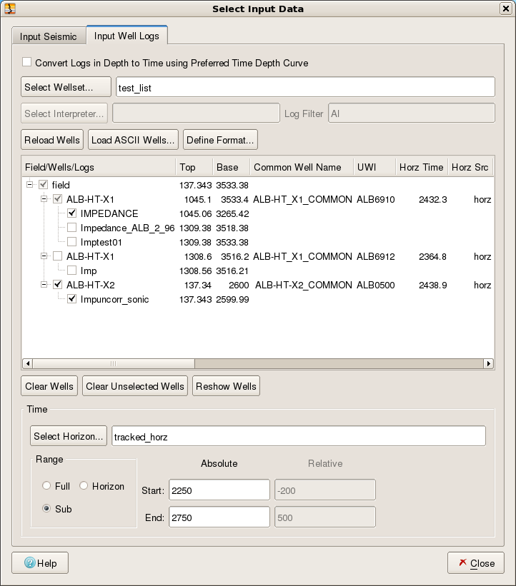 Select Input Data dialog (Input Well Log tab)