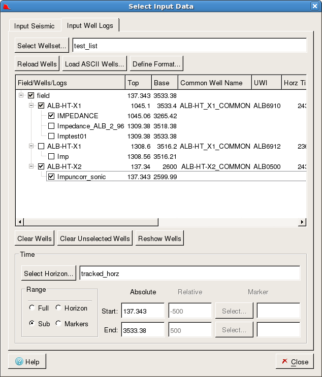 Select Input Data dialog (Input Well Log tab)