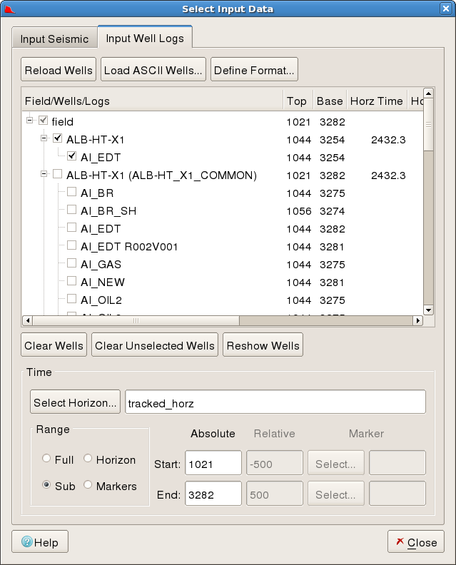 Select Input Data Dialog - Input Well Log tab