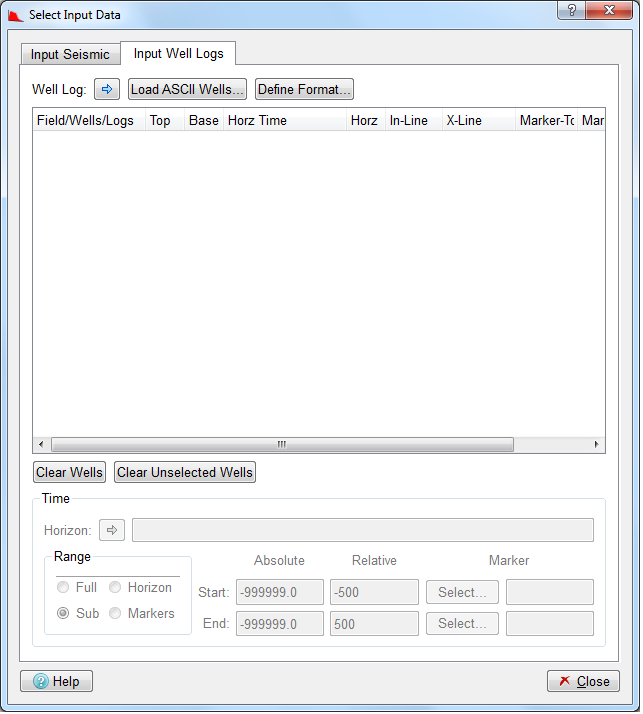 Select Input Data dialog (Input Well Log tab)