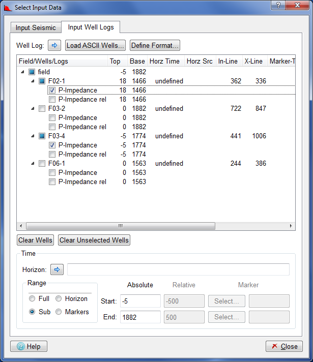 Select Input Data Dialog - Input Well Log tab