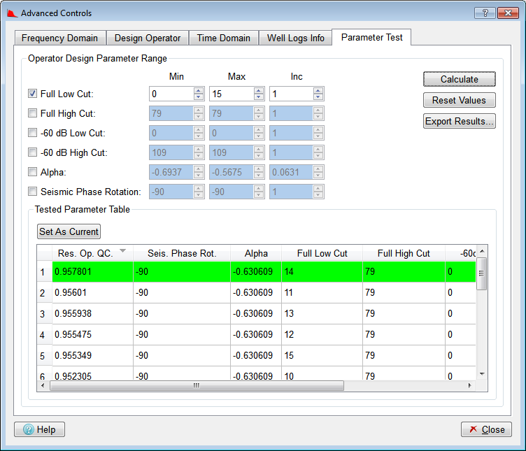 Parameter Test Tab with Full Low Cut range