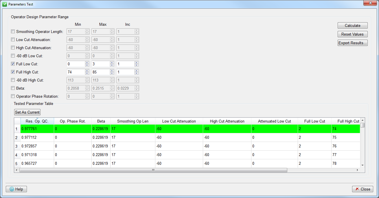 Parameter Test Tab with Full Low Cut range