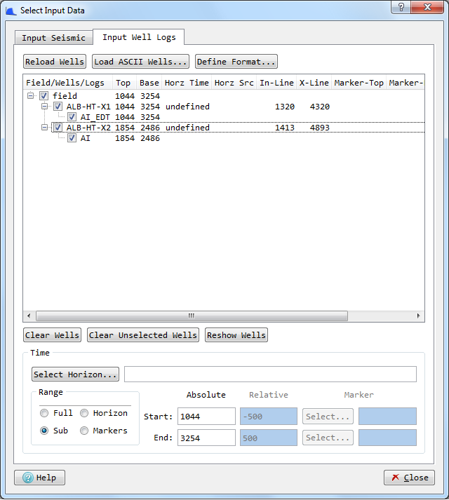 Select Input Data dialog (Input Well Log tab)