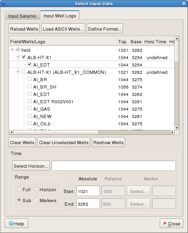 Select Input Data Dialog - Input Well Log tab