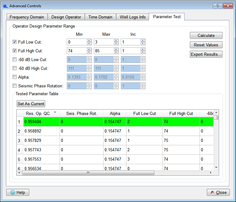 Parameter Test Tab with Full Low Cut range