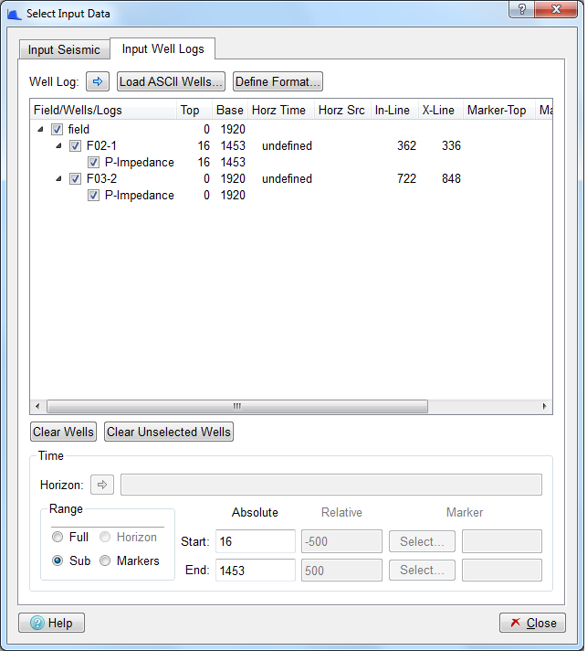 Select Input Data dialog (Input Well Log tab)