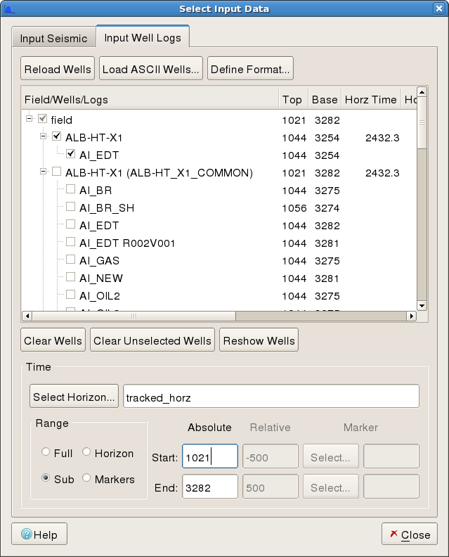 Select Input Data Dialog - Input Well Log tab